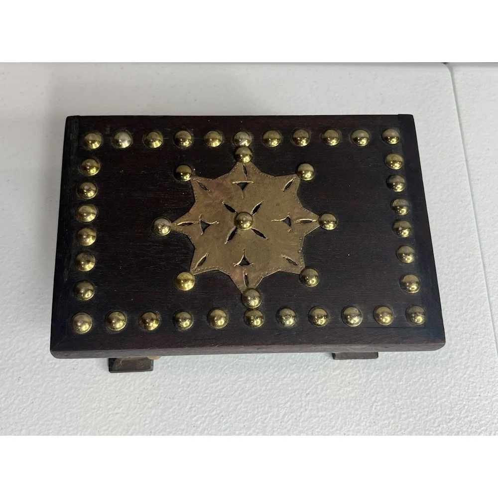 Vtg Handmade Wooden Trinket Box With Hammered‎ Brass Tacks